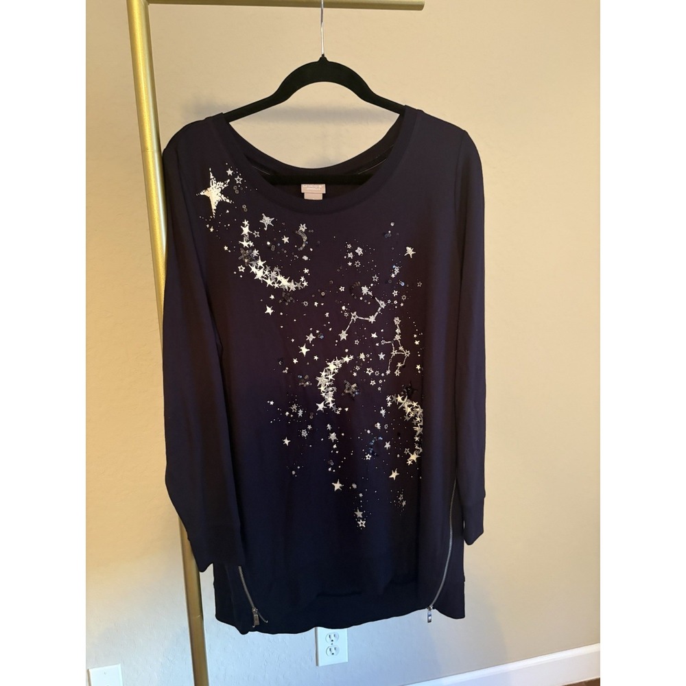 Chico's Women's Celestial Side Zipper Top Size 2 Whimsigoth Y2K Stars Sequin